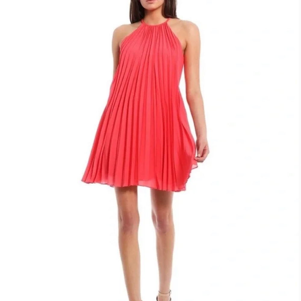 Aidan Aidan Mattox Halter Neck Sleeveless Pleated Trapeze Dress in Deep Coral